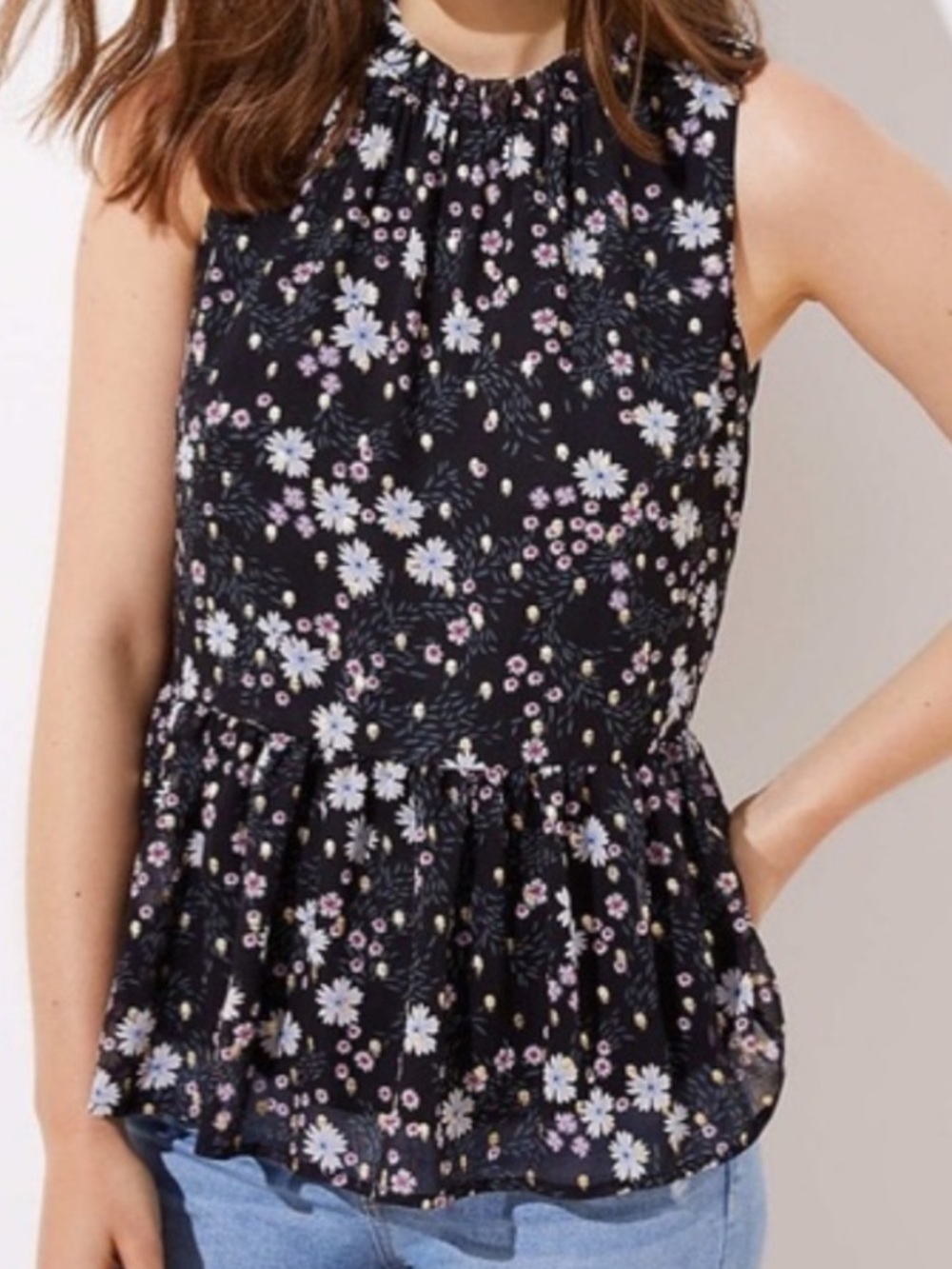 LOFT floral peplum high neck blouse